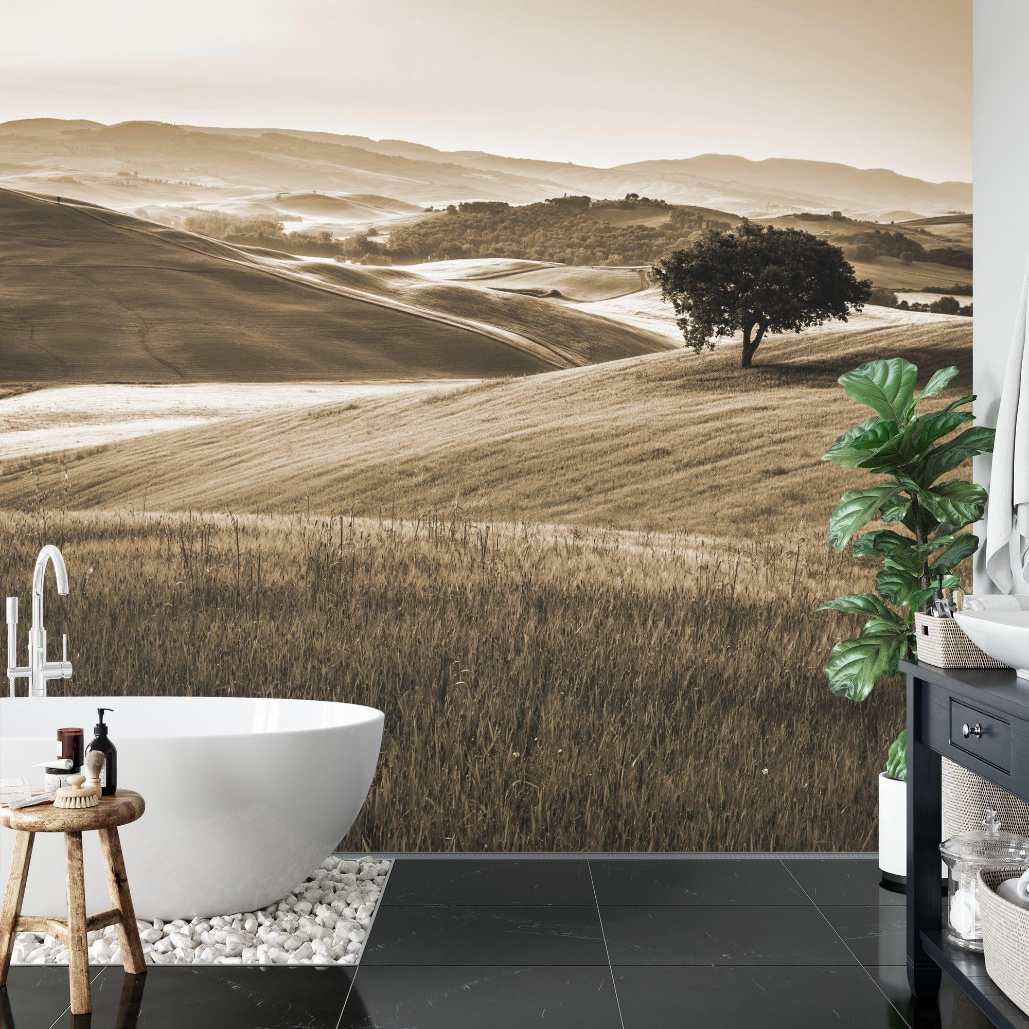 Sepia wall mural showcasing rolling hills in restaurant setting