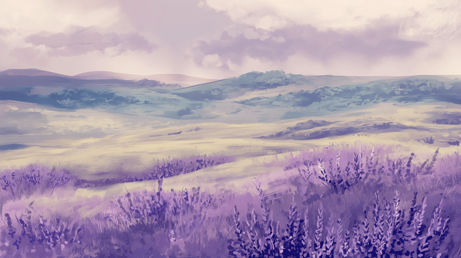 Lavender field and purple mountain landscape design file showing detailed watercolor artwork