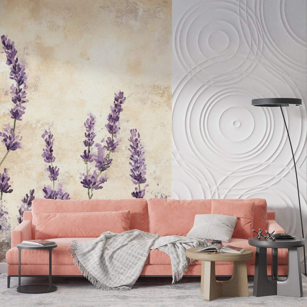 Watercolor lavender wallpaper bringing charm to a home office with purple accents