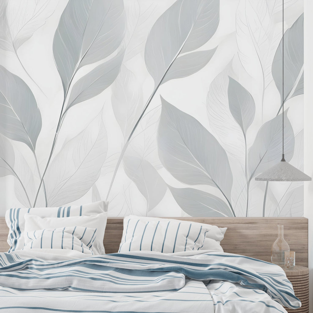 Grey botanical wallpaper styled in master bedroom with minimal furniture and natural light