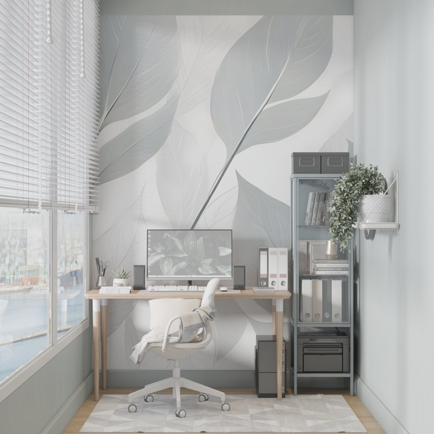 Elegant grey leaf mural wallpaper in home office setting with clean desk setup