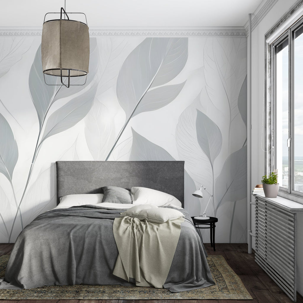 Grey leaf pattern wallpaper in contemporary hallway showing full wall application