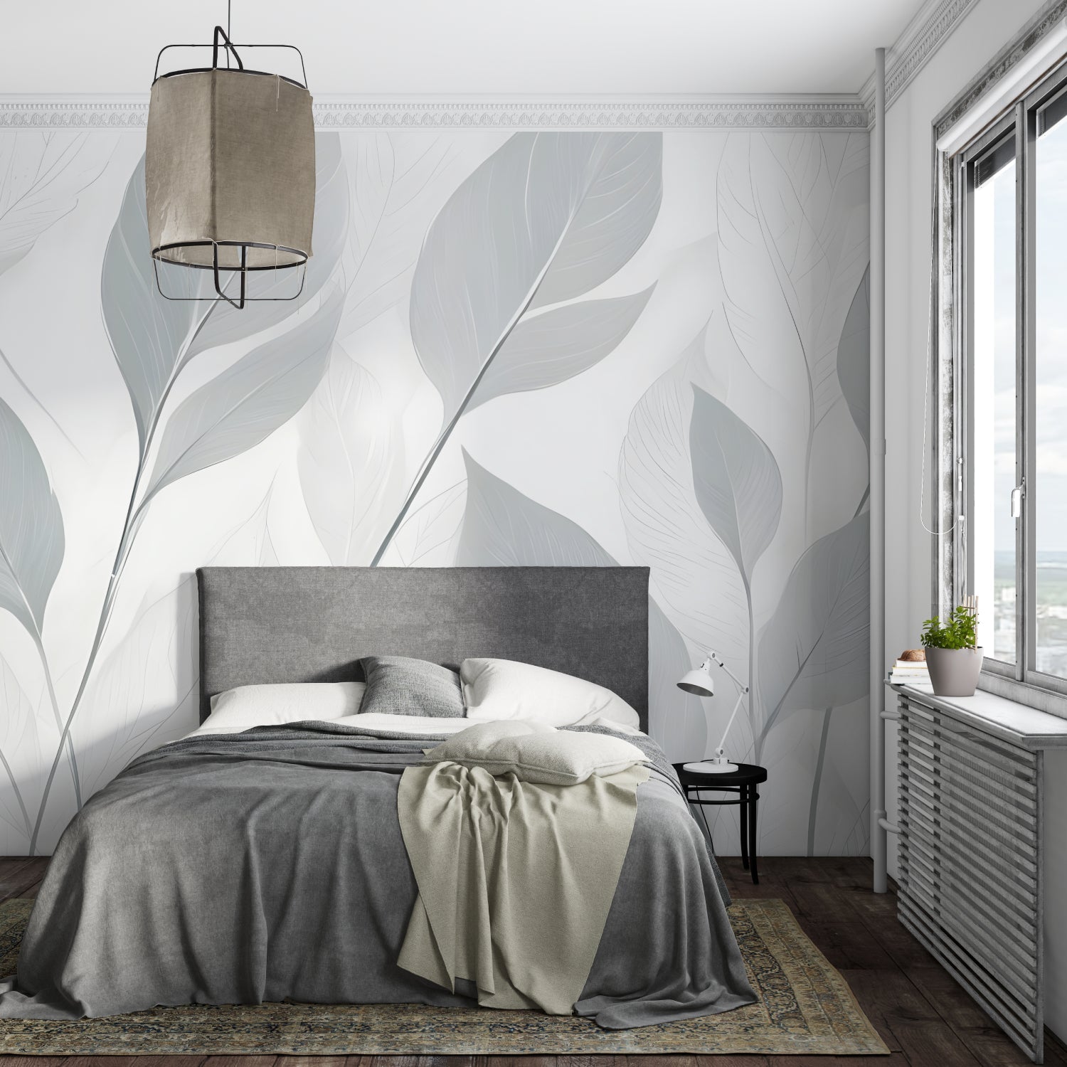 Grey leaf pattern wallpaper in contemporary hallway showing full wall application