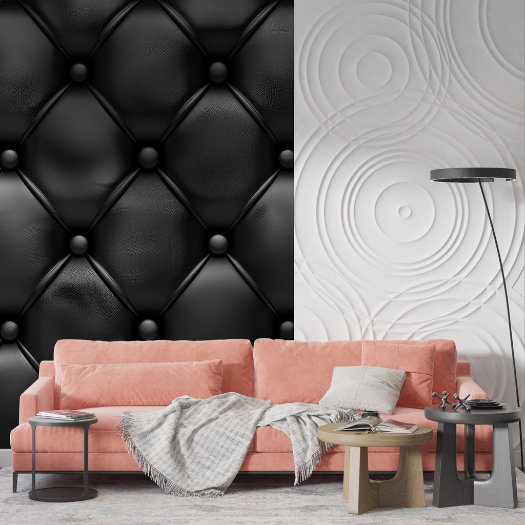Restaurant dining area with black leather effect wall mural creating upscale ambiance