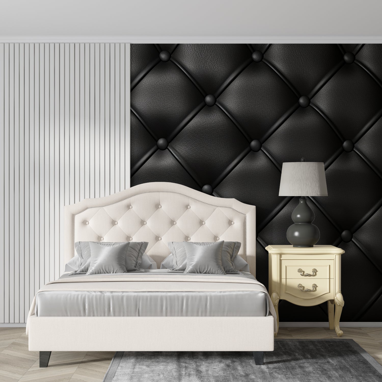 Black tufted leather wallpaper in modern living room creating luxurious atmosphere
