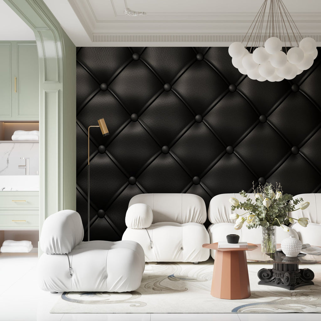 Black leather-look mural in restaurant creating upscale dining atmosphere