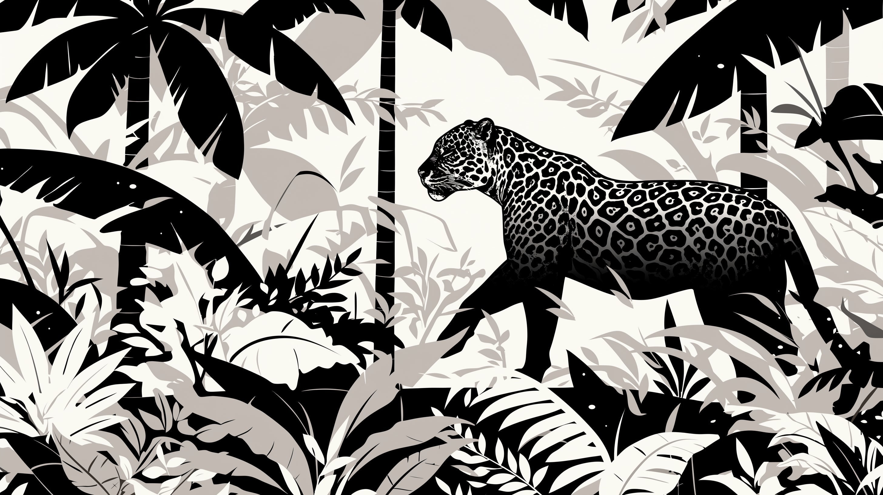 Black and white leopard wallpaper creating drama in a modern living room with minimalist furniture