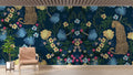 Leopard print wallpaper creating dramatic atmosphere in modern living room with deep blue walls and gold accents