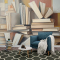 Library wall mural with stacked books design shown in a cozy home office, creating an inspiring workspace atmosphere