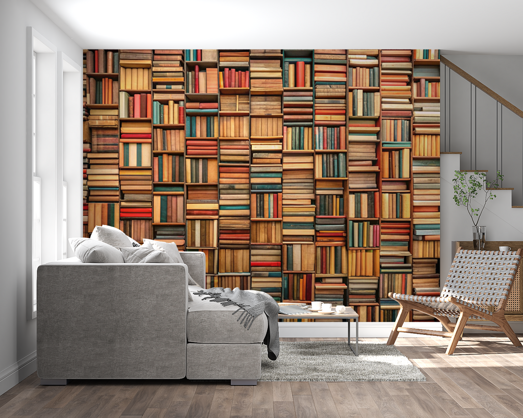 Library mural wallpaper transforming a bedroom reading nook