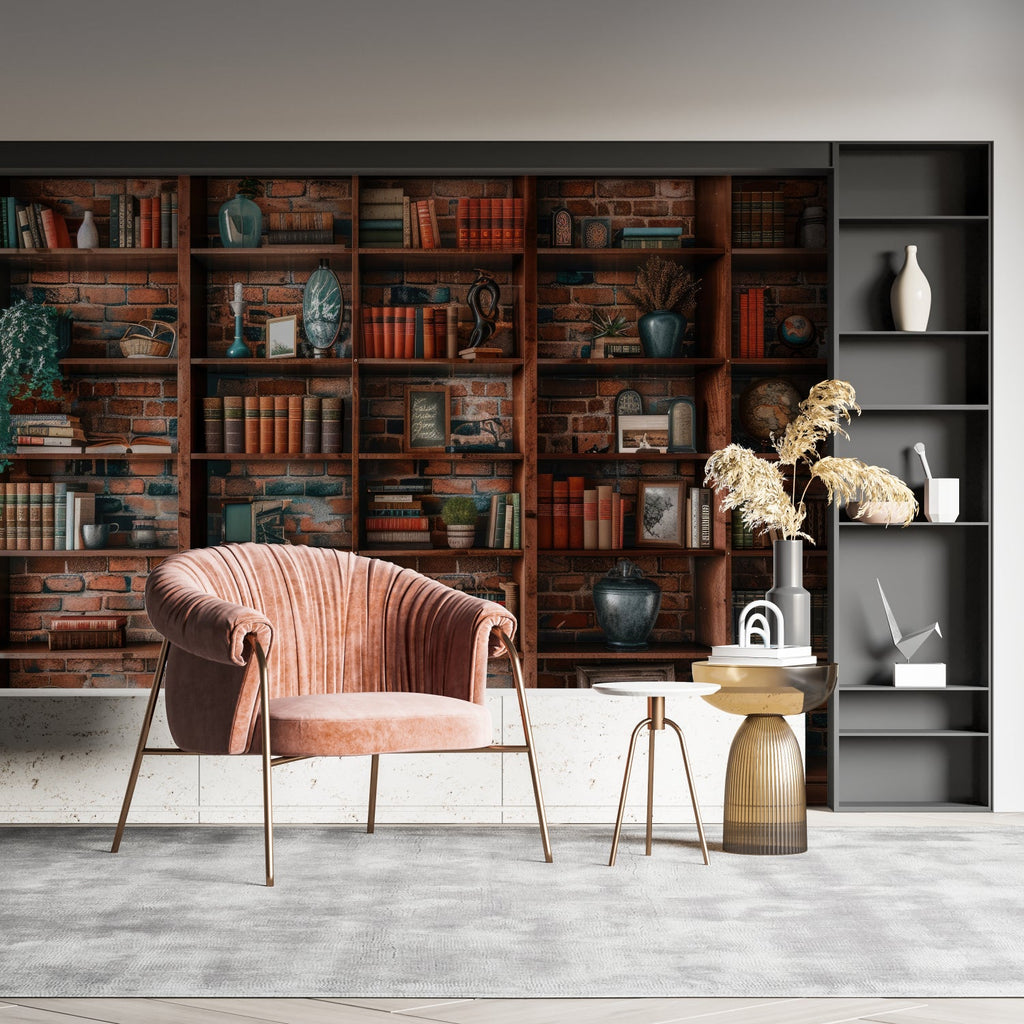 Library wallpaper mural in cozy home office with leather chair and reading lamp