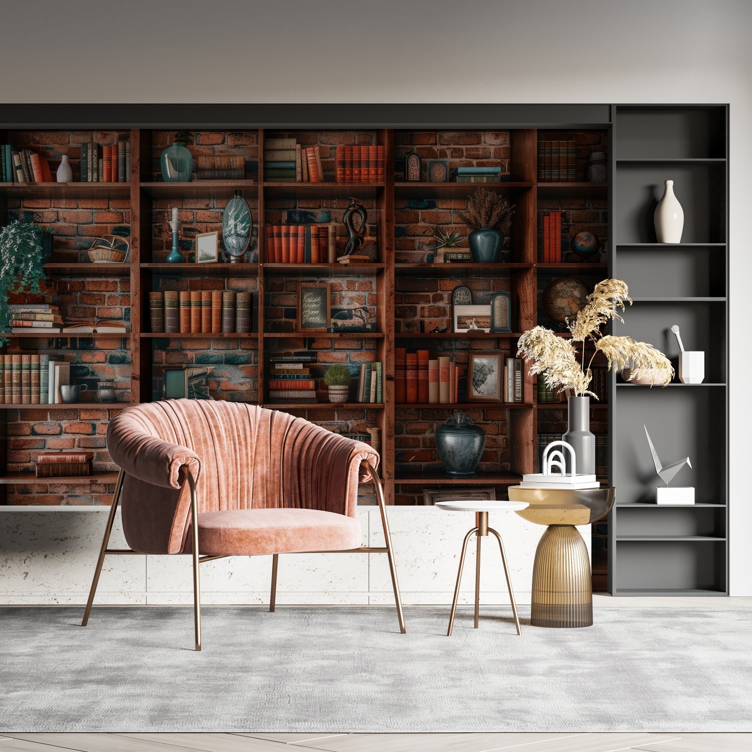 Library wallpaper mural in cozy home office with leather chair and reading lamp