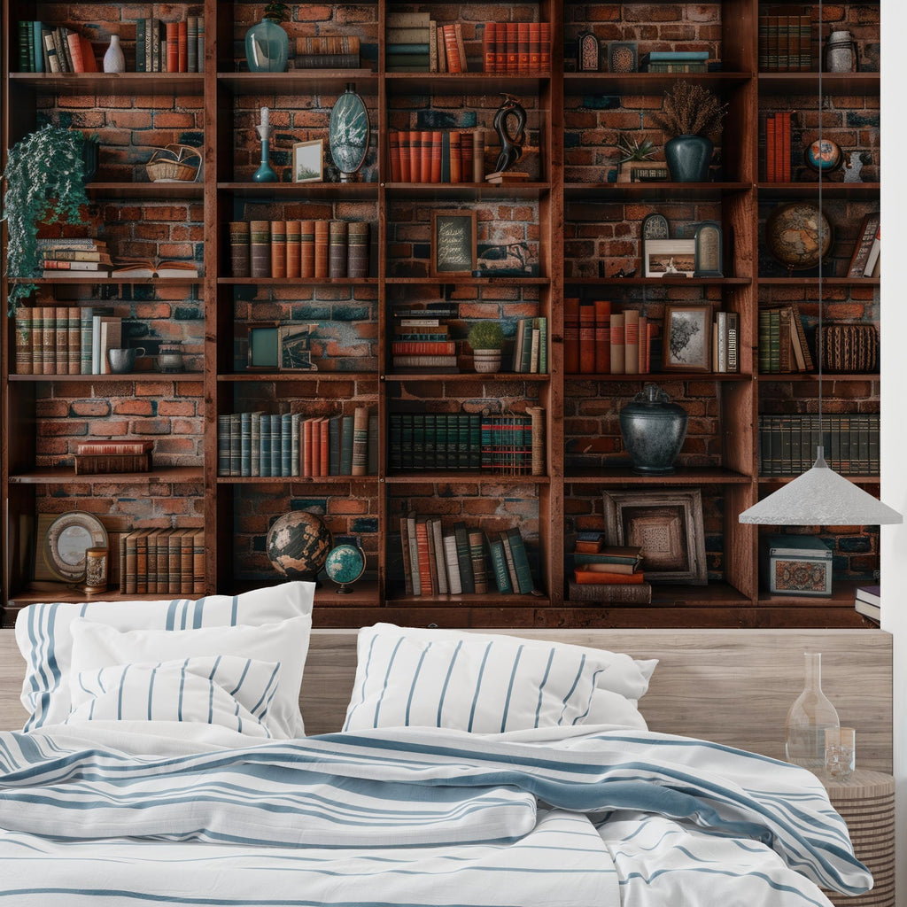 Vintage bookshelf wallpaper creating depth in modern living room setting