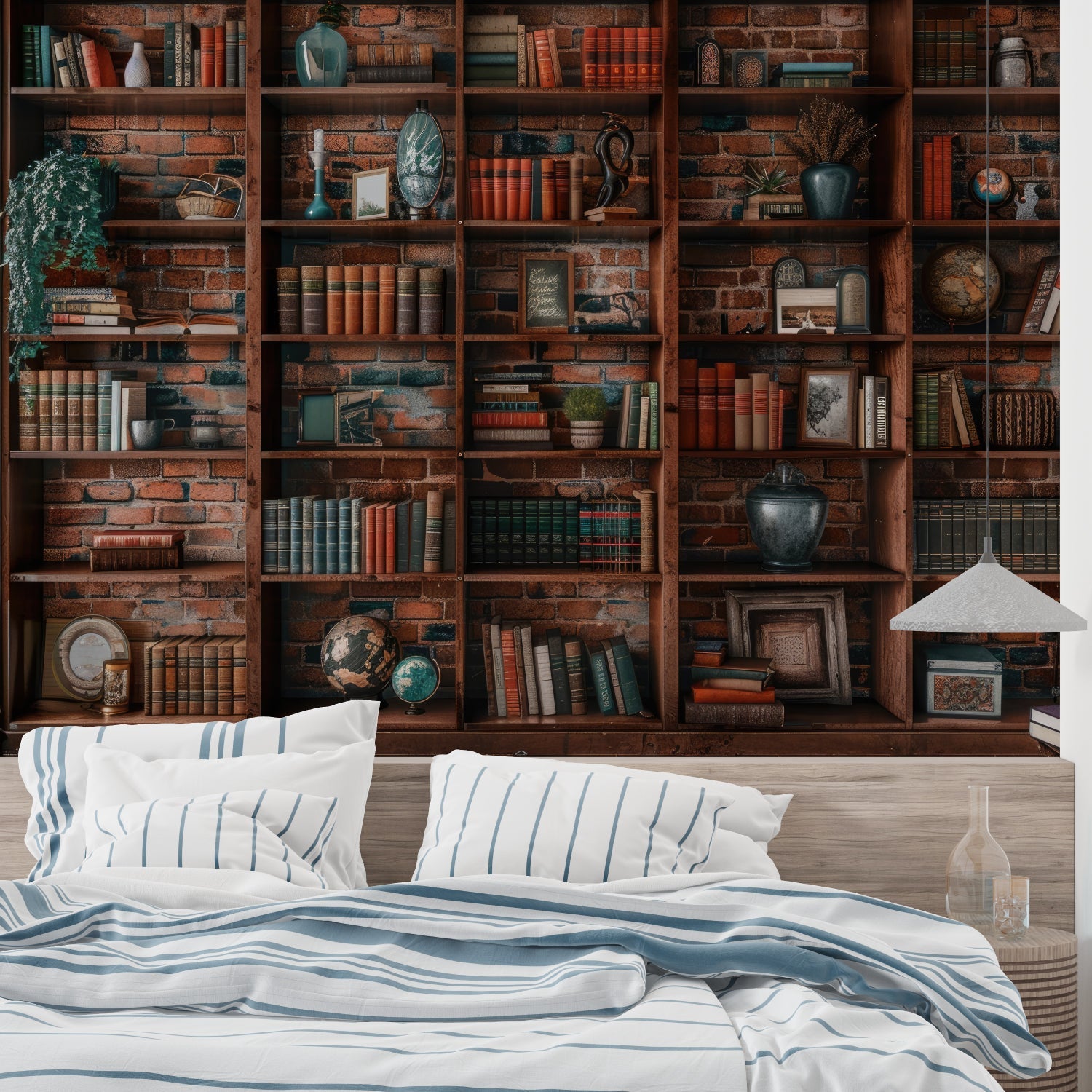 Vintage bookshelf wallpaper creating depth in modern living room setting