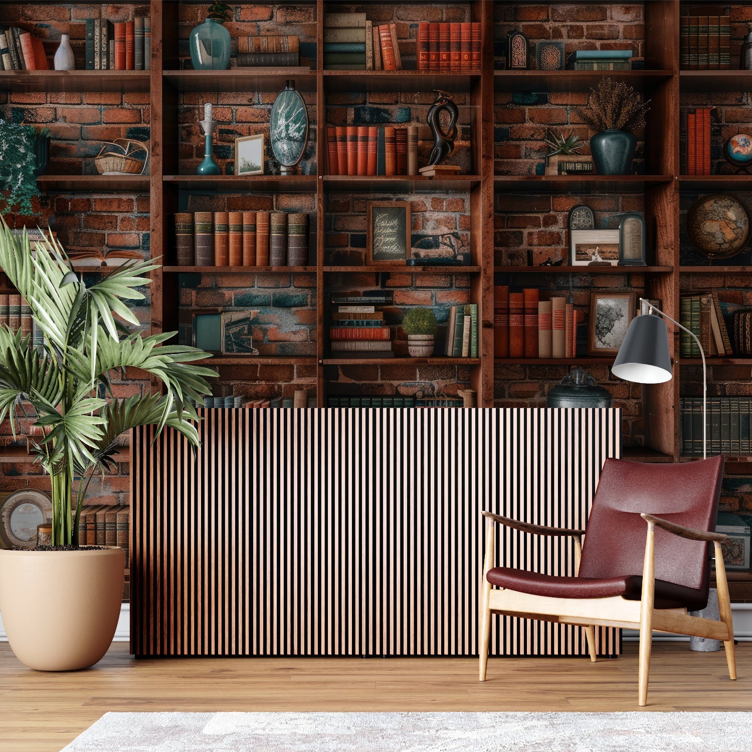 Library wall mural bringing character to cozy reading nook corner