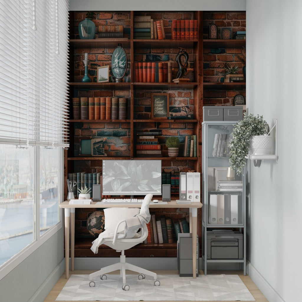 Brick and bookshelf wallpaper design in study room with desk setup