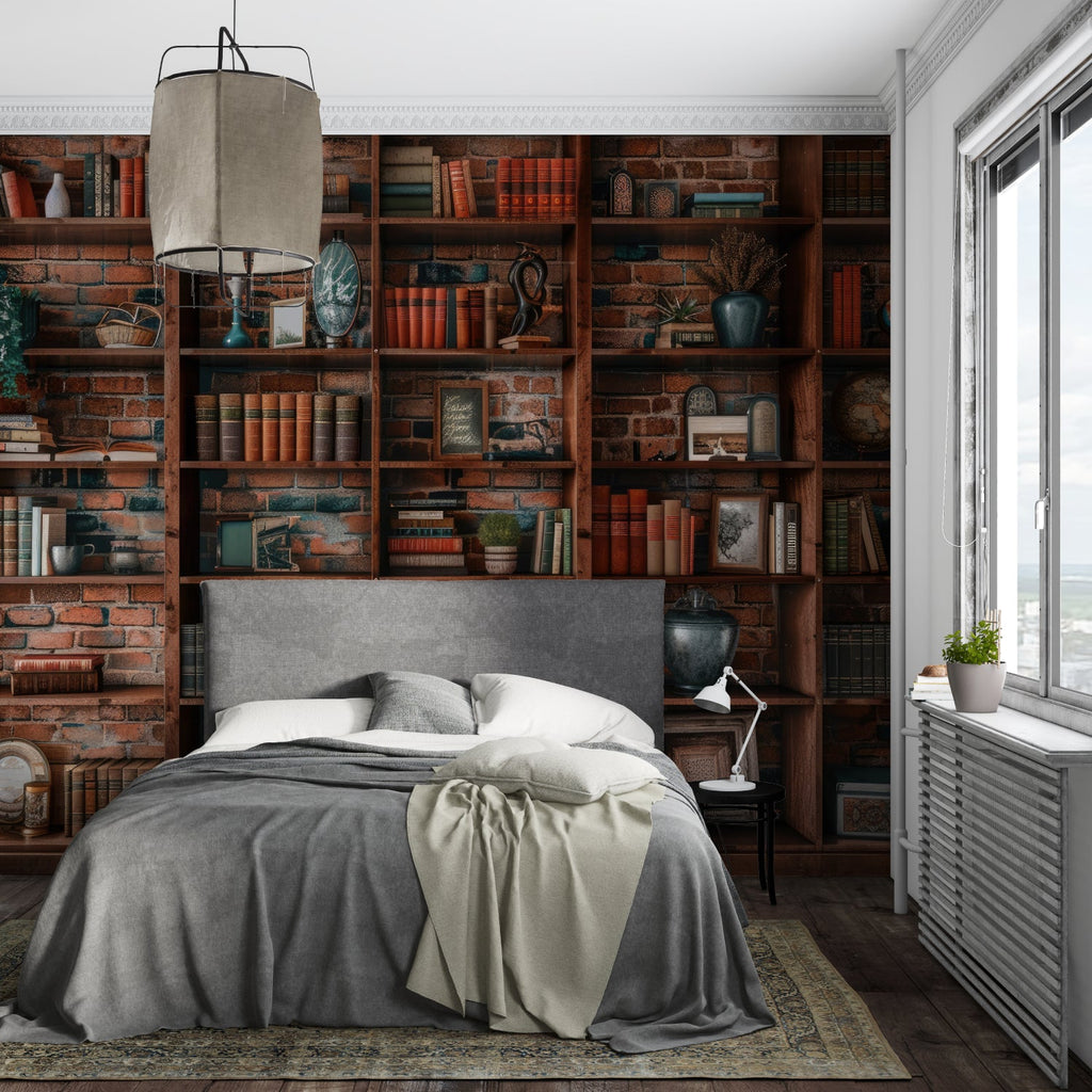 Classic library wallpaper adding warmth to minimalist bedroom wall
