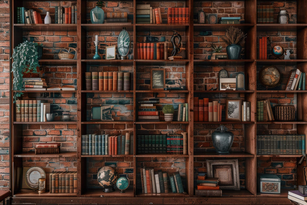 Library wallpaper design file showing detailed vintage bookshelf pattern with brick texture
