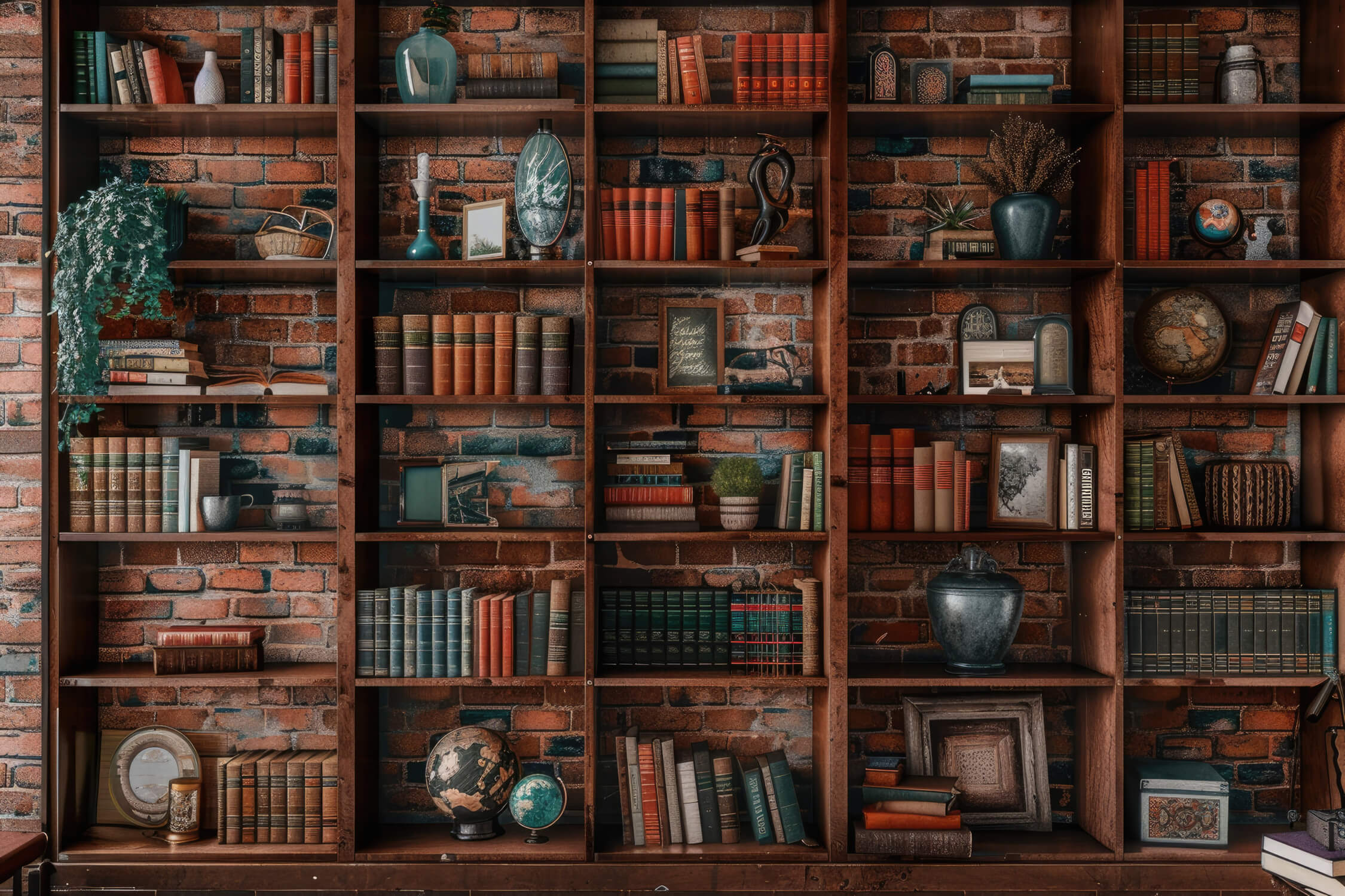Library wallpaper design file showing detailed vintage bookshelf pattern with brick texture