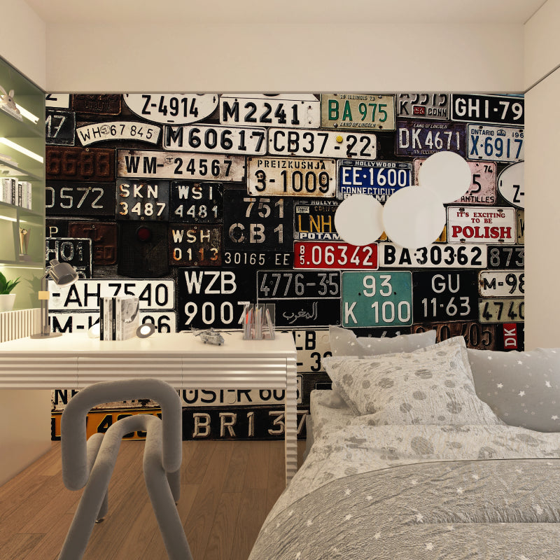 License plate wallpaper in modern teen bedroom showing industrial style impact