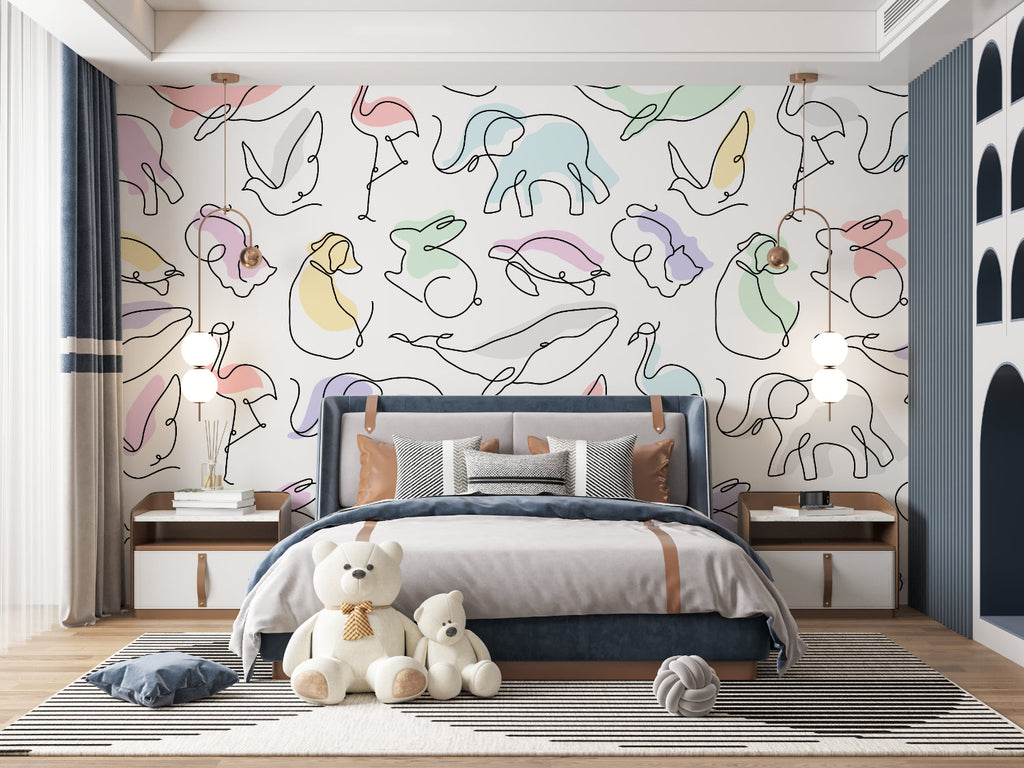 Modern kids bedroom featuring animal line art mural with reading nook