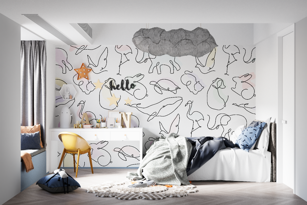 Baby room with minimalist line art animal mural in soft pastel colors