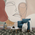 Modern Line Art Face Wallpaper creating a stunning focal point in a minimal Scandinavian living room with earth tone accents