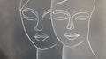 Line art face wallpaper creating a modern statement wall in a minimalist living room with grey sofa and natural light