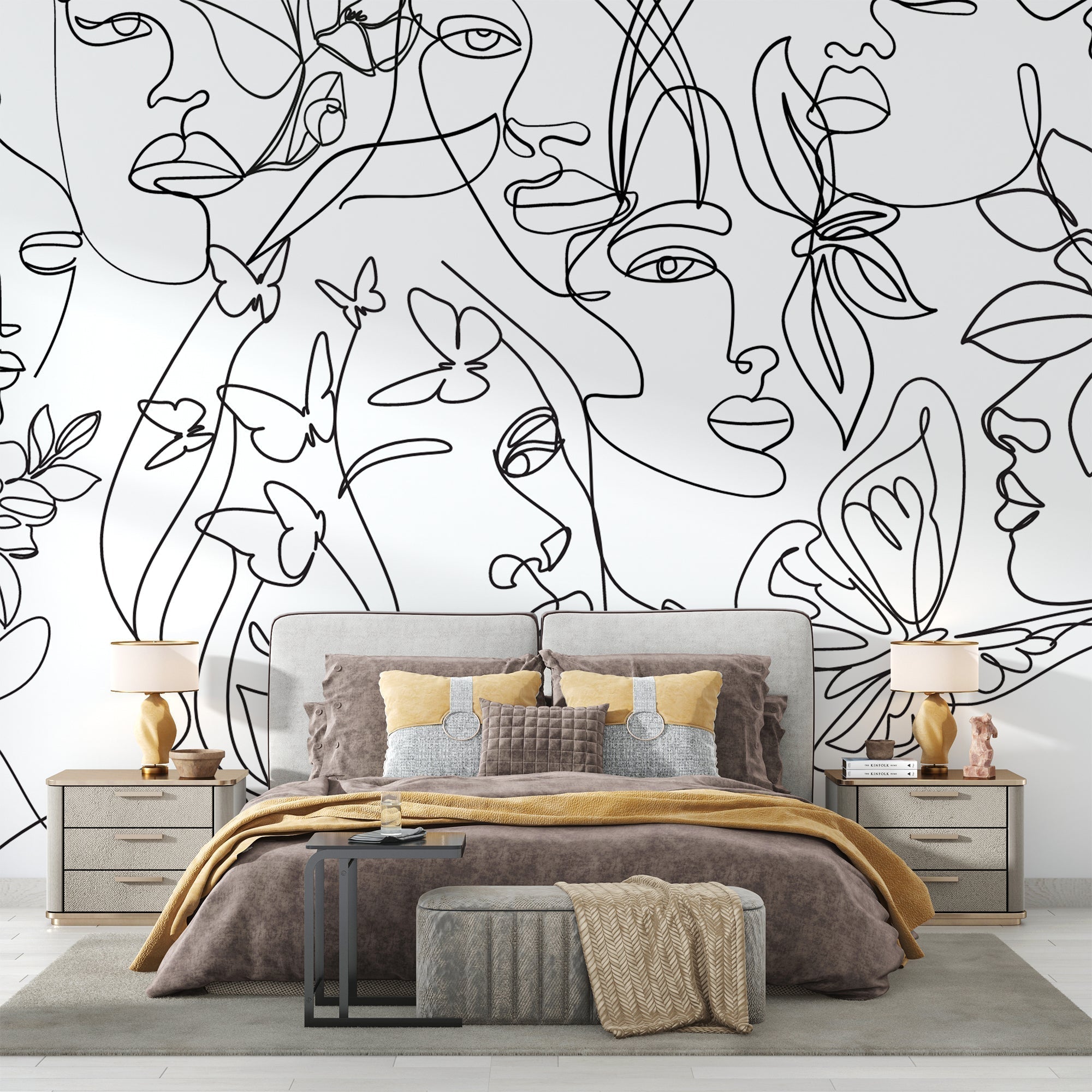 Modern face line art mural adding depth to a dining room with contemporary decor
