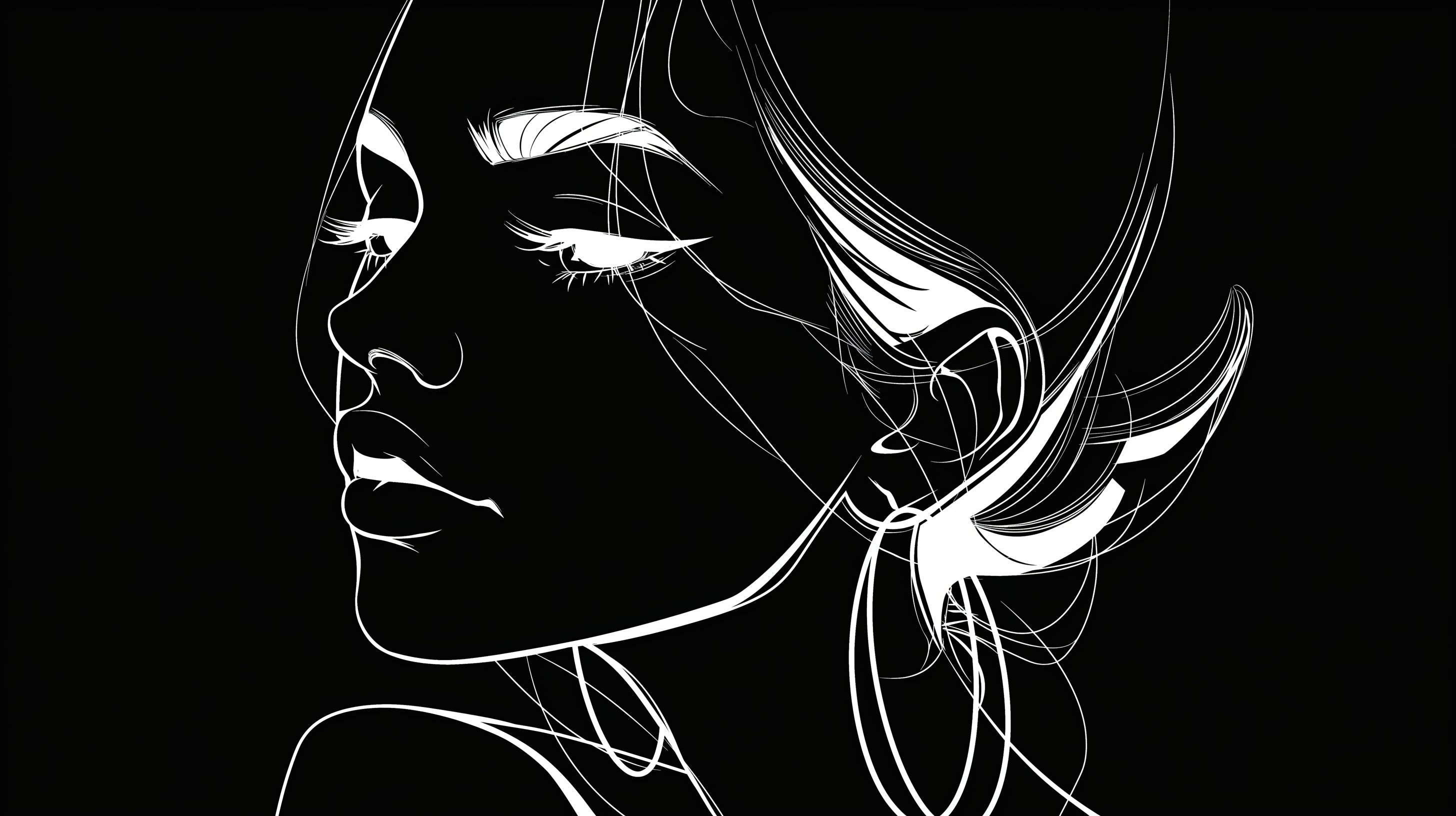 Modern Line Art Portrait Mural Wallpaper styled in a minimalist living room with black and white furniture