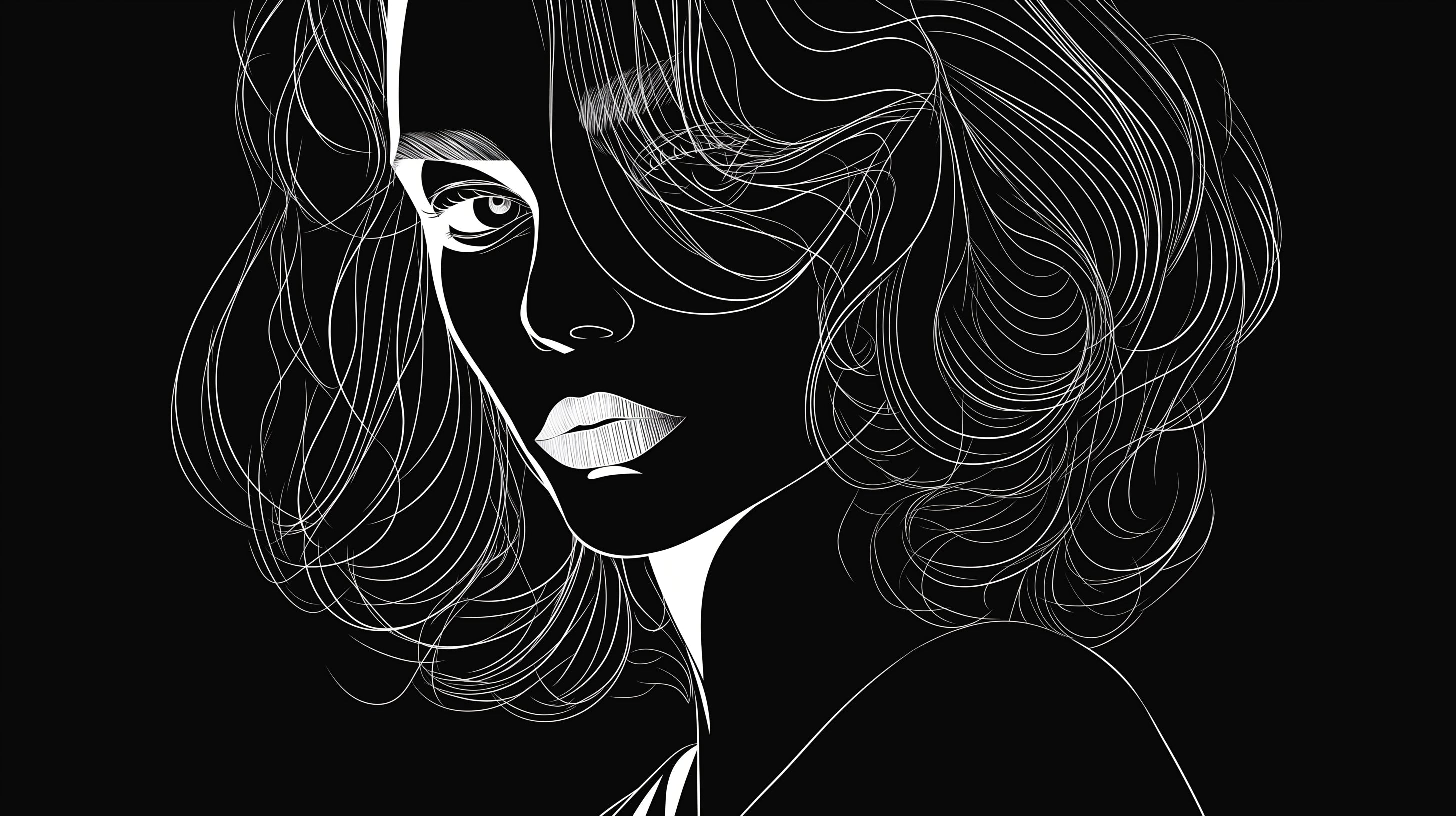 Black and white portrait line art wallpaper design file showing intricate flowing lines on dark background