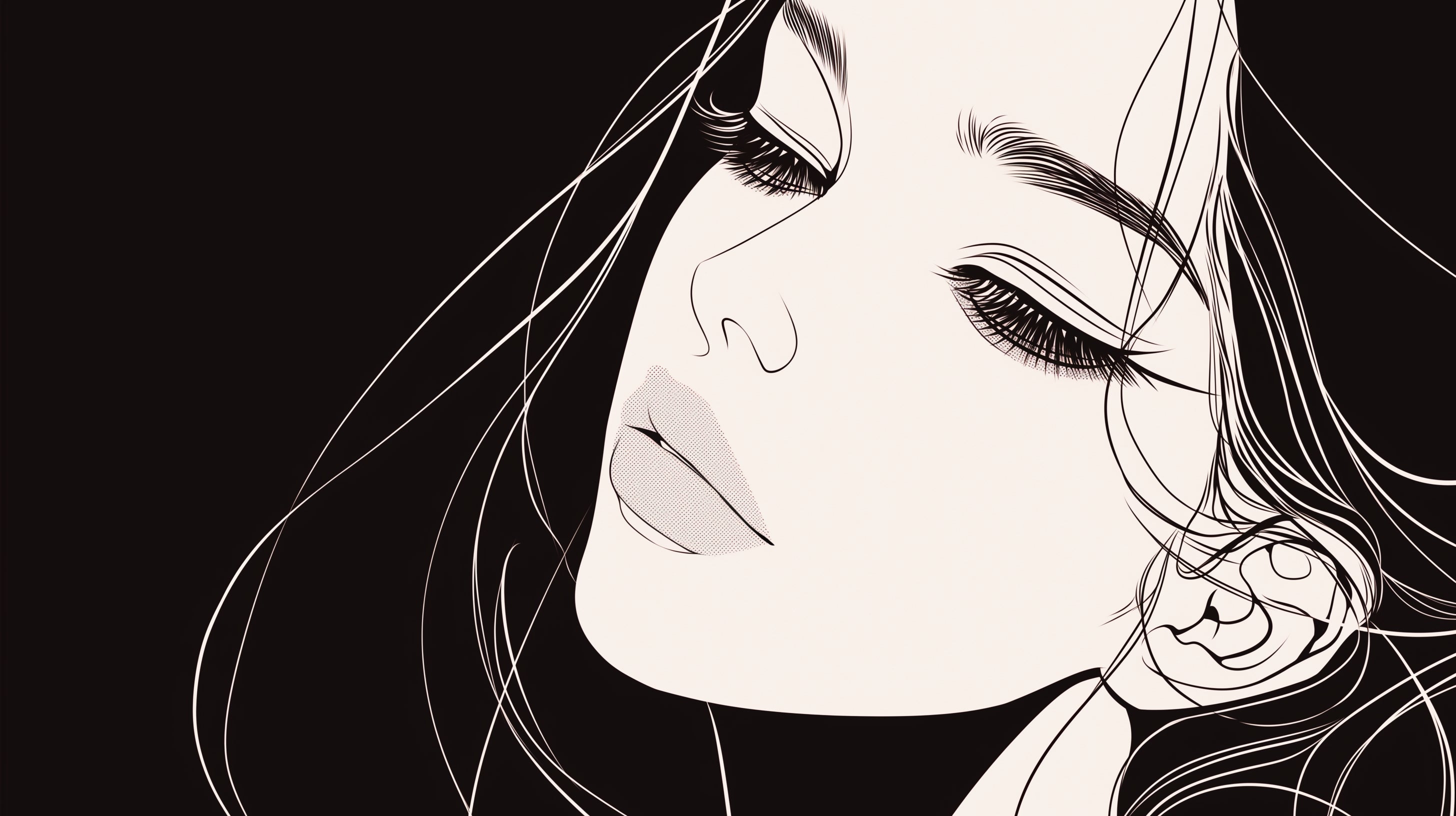 Black and white line art portrait design file showing intricate details and flowing lines
