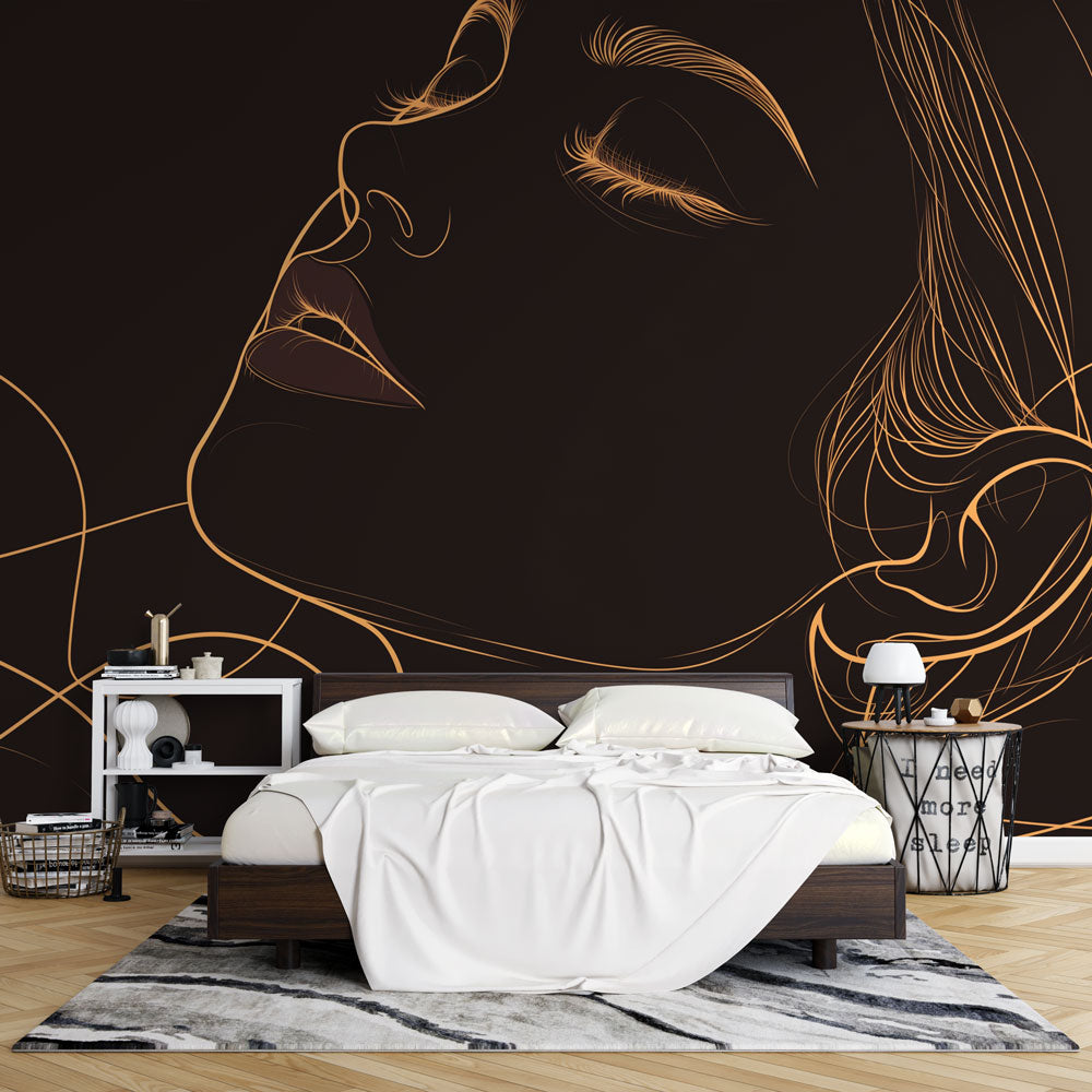 Line art gold profile wallpaper creating a stunning focal point in a modern living room with minimal furniture