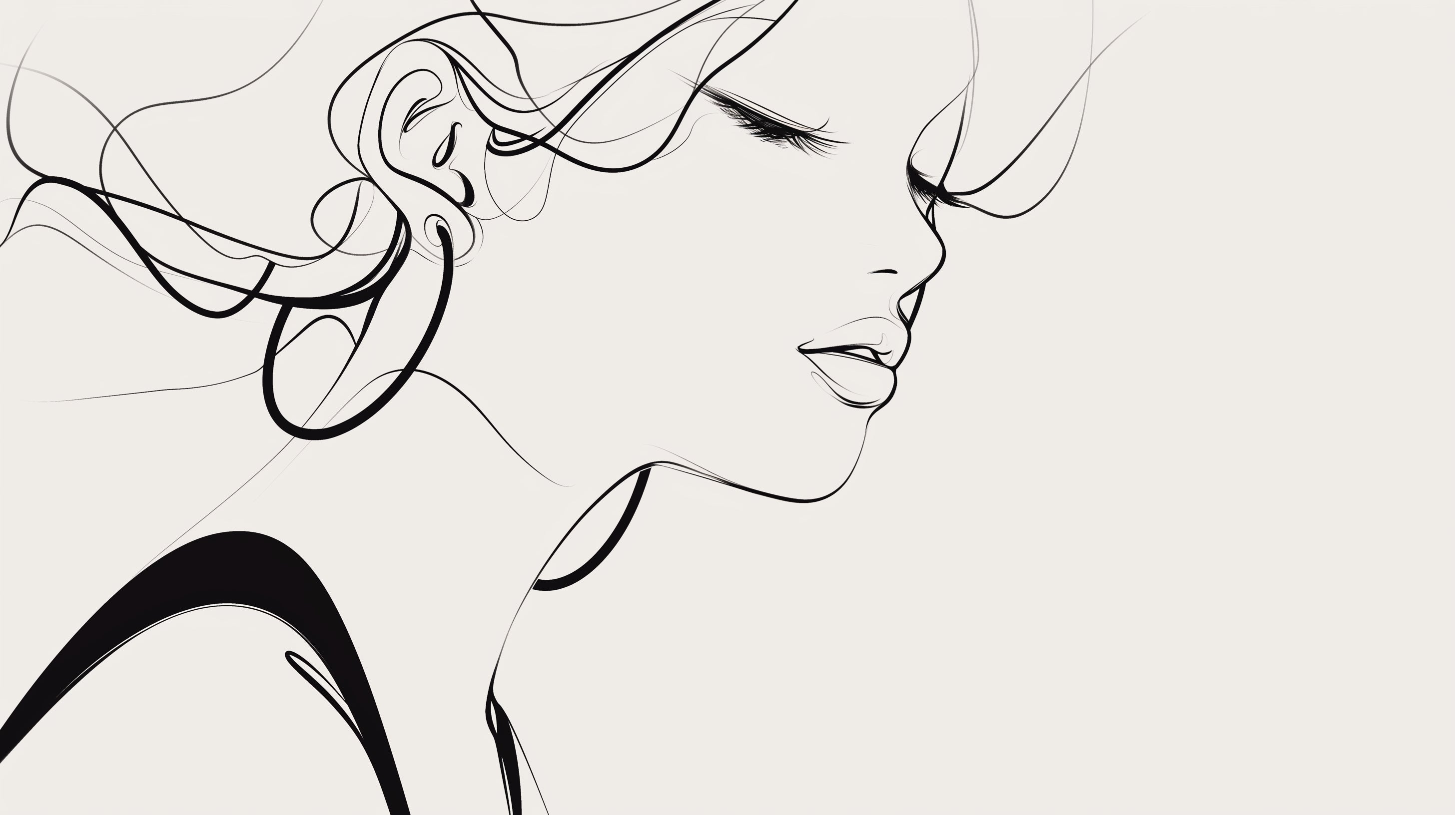 Line art portrait wallpaper creating a stunning focal point in a bright, modern living room with minimal furniture