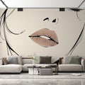 Line art lips wallpaper creating a stunning accent wall in a modern bedroom with minimalist furniture and natural light