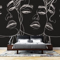 Modern Line Art Face Wallpaper creating a striking focal point in a minimalist living room with natural lighting