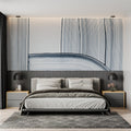 Modern blue line art wallpaper in a bright living room setting with minimal furniture