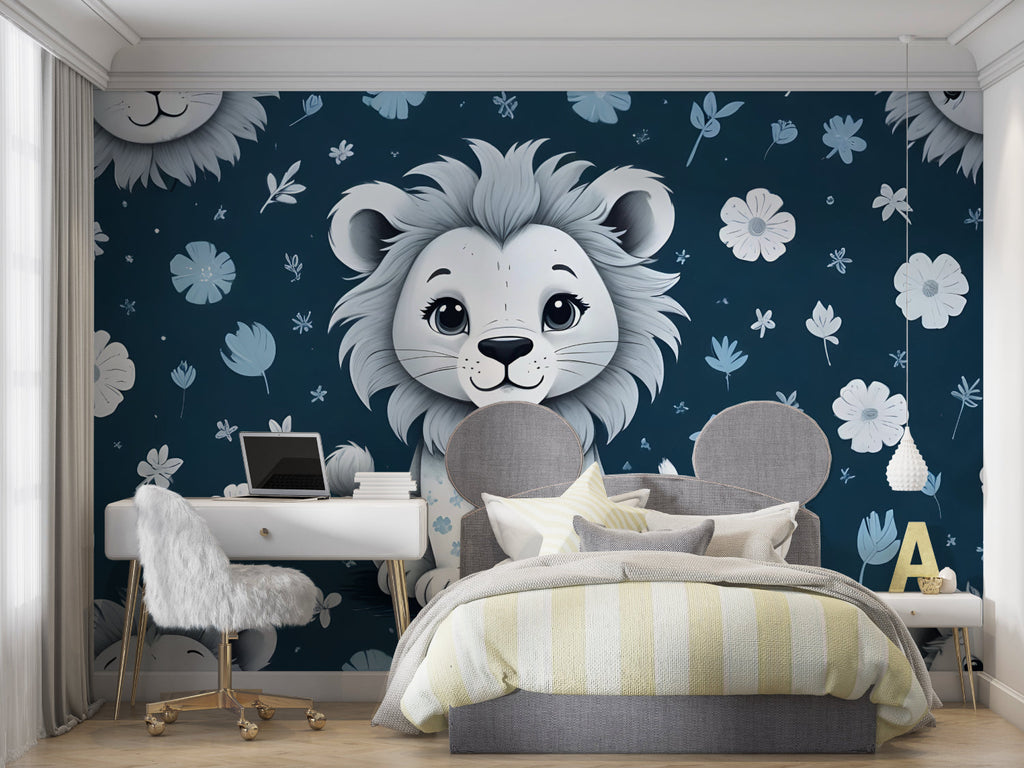 Kids bedroom featuring lion cub wall mural with matching blue decor