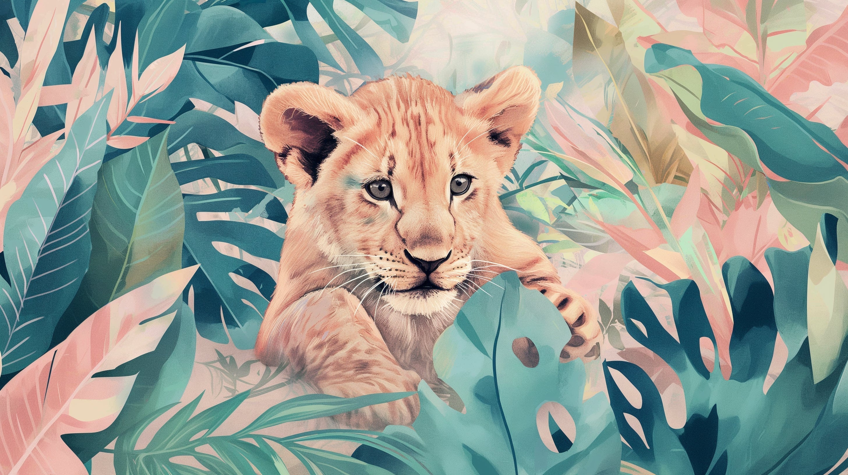 Lion cub jungle wallpaper in bright nursery setting, showing soft pink and turquoise tones perfect for children's room decor