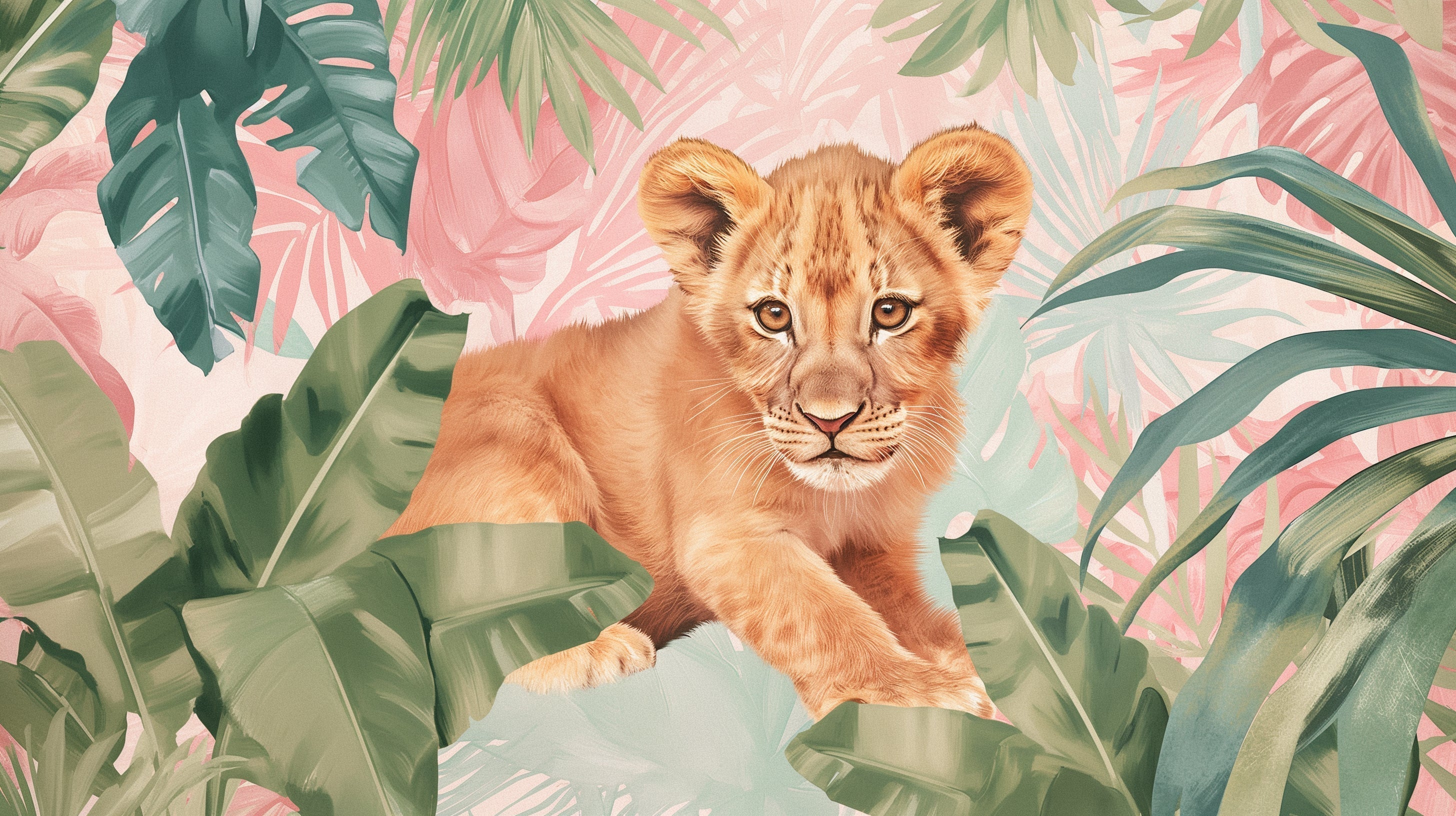 Safari lion cub design file with tropical leaves and pink background