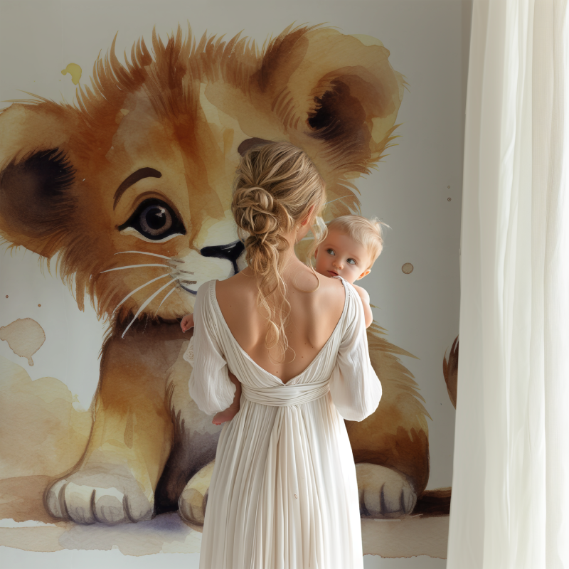 Watercolor Safari Wallpaper showcased in a bright children's bedroom with minimalist decor