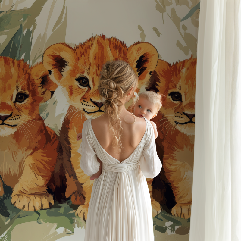 Lion Cubs Wallpaper in bright modern nursery, showing three playful cubs among tropical leaves