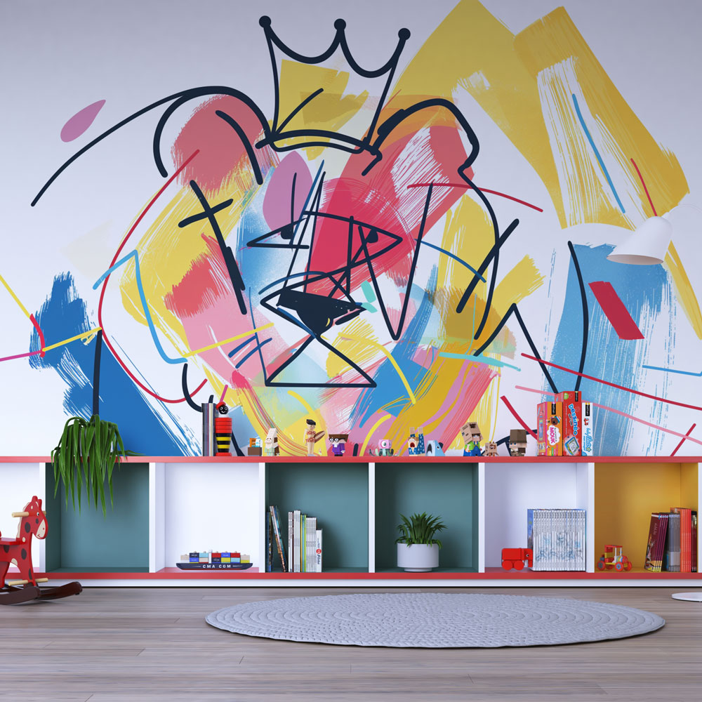 Modern Street Art Lion Wallpaper creating an artistic statement wall in a contemporary living room with minimal furniture