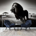 Black and white lion wallpaper creating dramatic impact in a modern living room with minimalist furniture