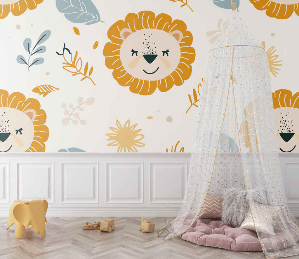 Sweet lion wallpaper in toddler's bedroom with pastel decor