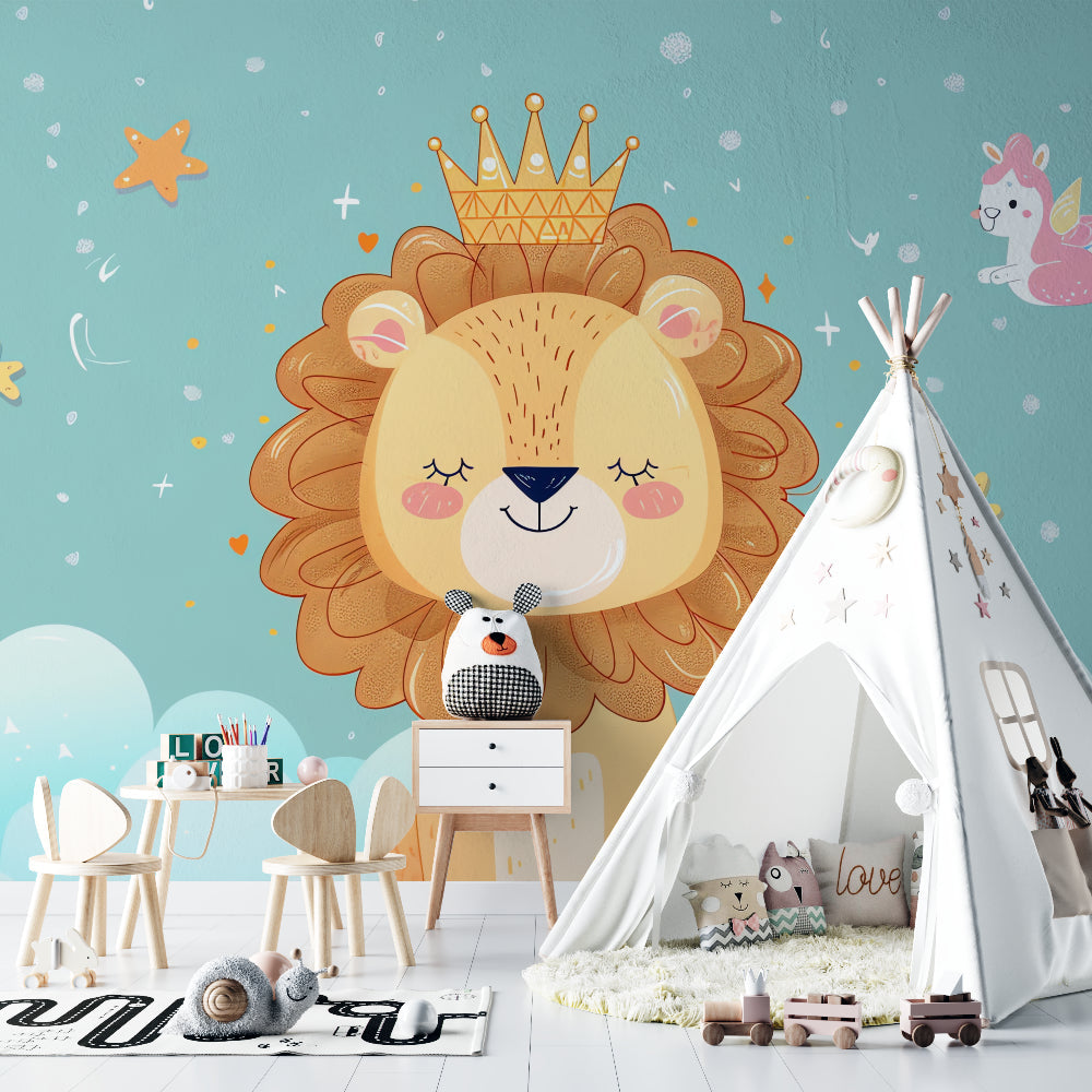 Lion nursery mural displayed in a gender-neutral baby room