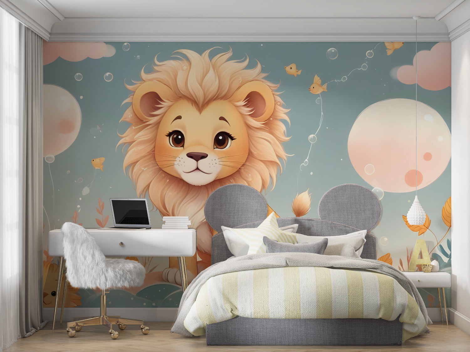Kids safari mural brightening up a playroom with soft sage green tones