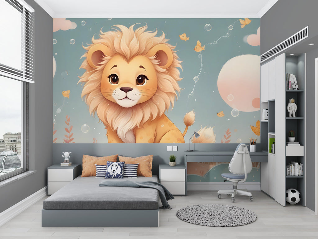 Lion wall mural adding charm to a toddler's reading nook
