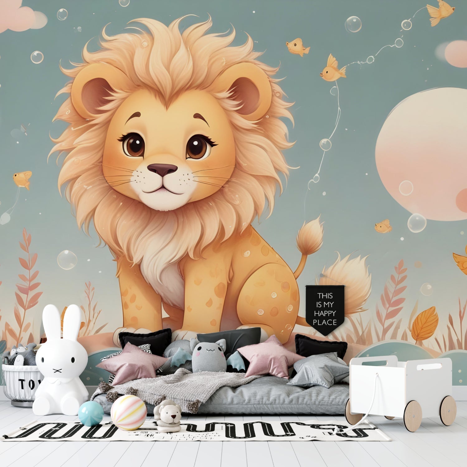 Nursery animal wallpaper showcased in a modern kids room