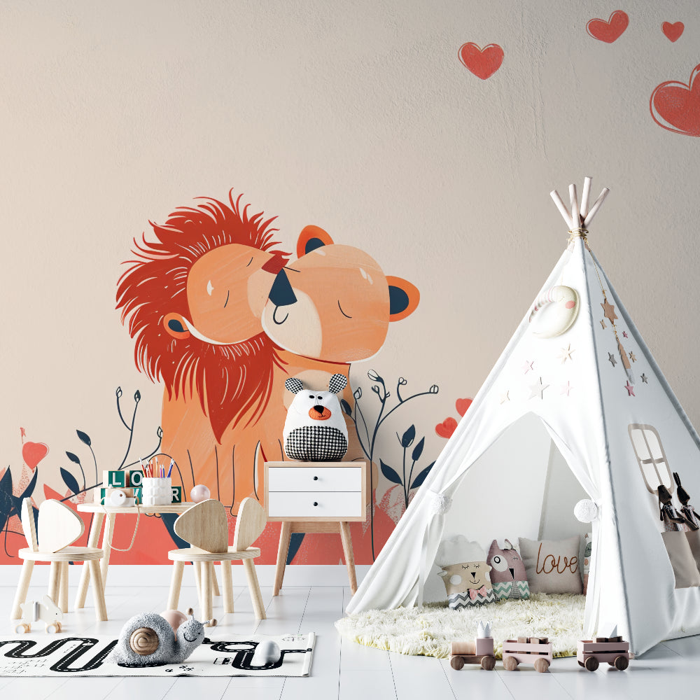 Lion couple wallpaper creating a sweet atmosphere in a modern nursery with coral and beige accents